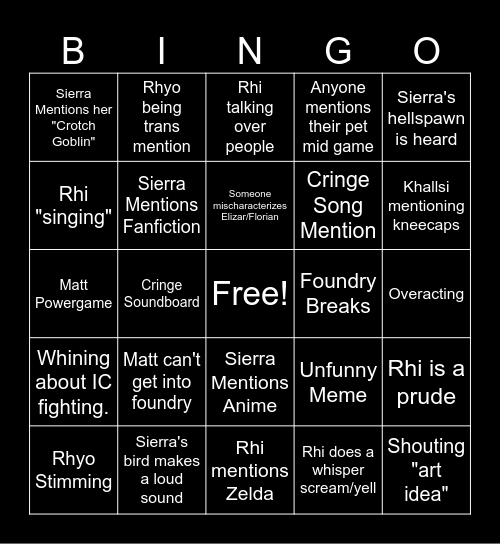 DnD Cringe Bingo Card