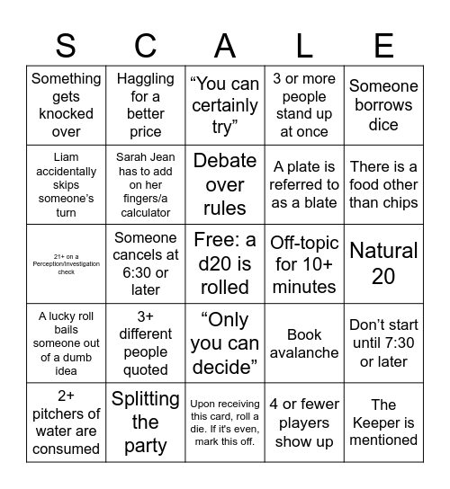 D&D Bingo July 28th Bingo Card