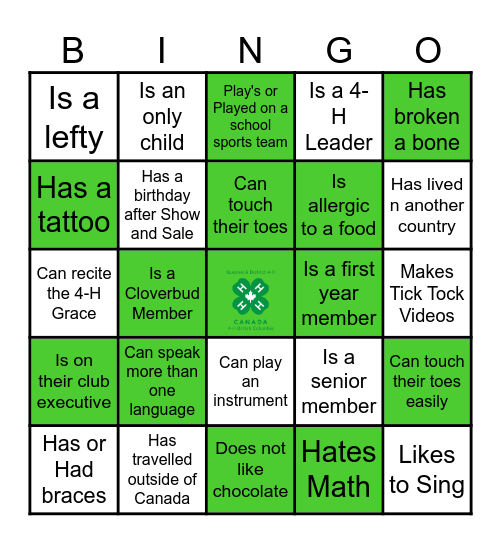 4-H Mixer Bingo Card