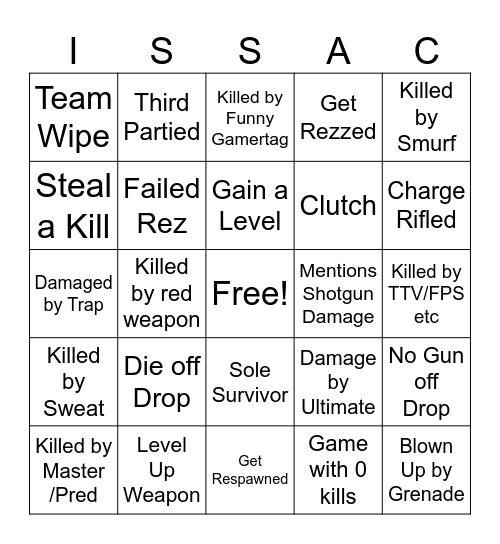 Bingo for Isaac Bingo Card