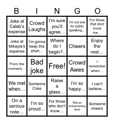 Wedding Speech Bingo Card