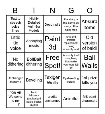 Baldi Mod Bingo Card