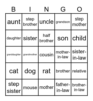 Family Members & Pets (English) Bingo Card