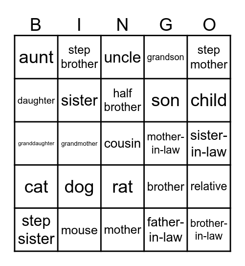 Family Members & Pets (English) Bingo Card