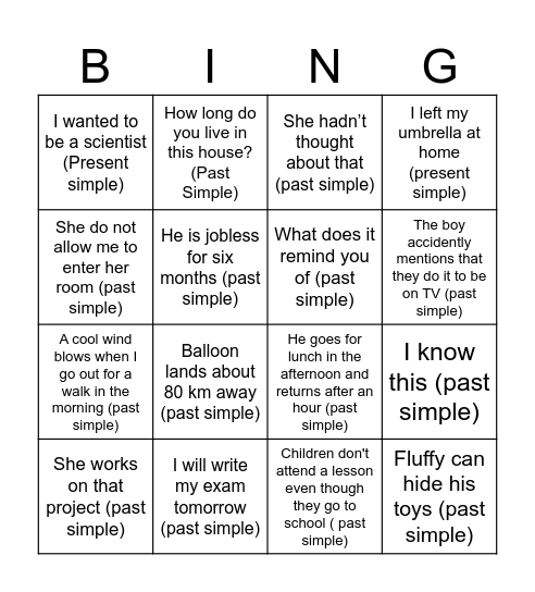 Past Tenses Bingo Card