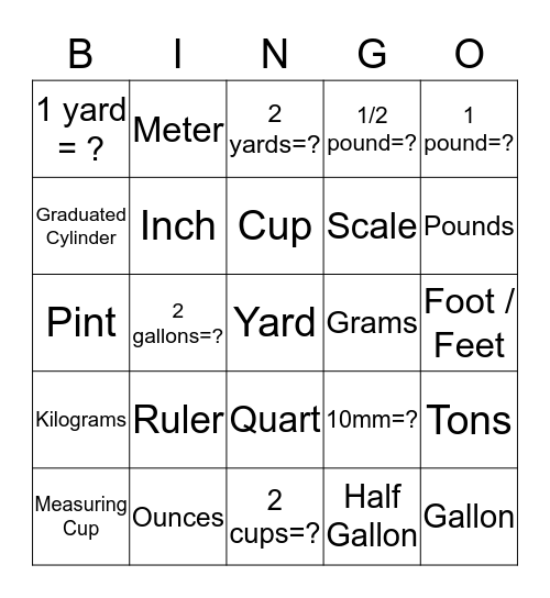 Measurement Term Bingo Card