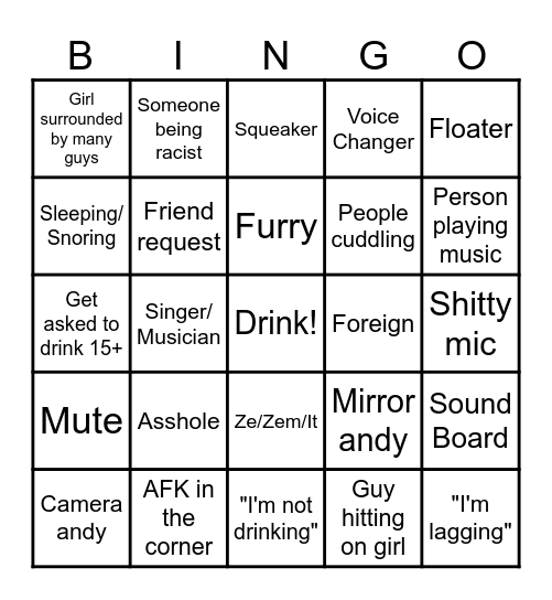Vrchat Drinky Bingo Card
