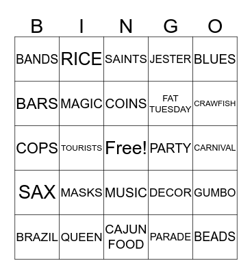 MARDI GRAS Bingo Card