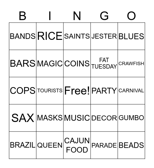 MARDI GRAS Bingo Card