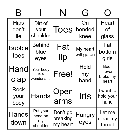 Music Bingo: Body Parts Bingo Card