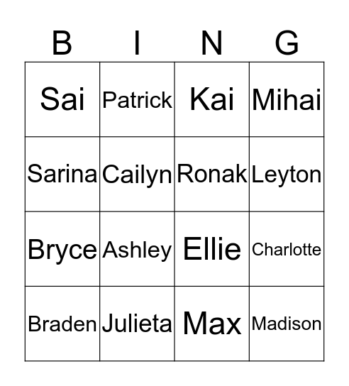 Grade 1 Bingo Card