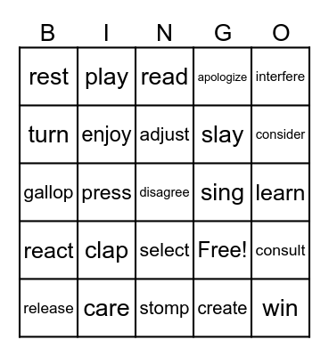 verbs (action words) Bingo Card