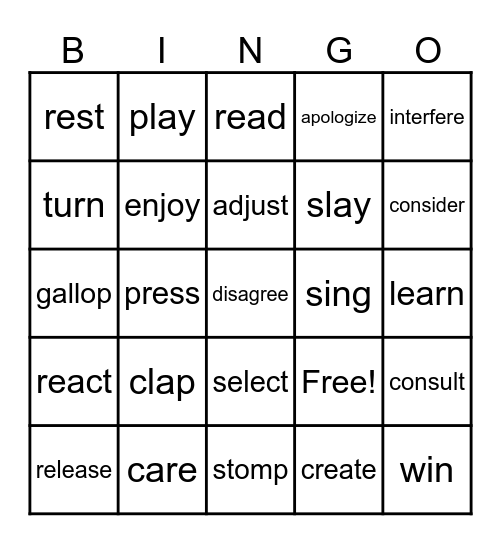 verbs (action words) Bingo Card