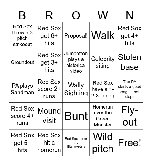 Red Sox Bingo Card