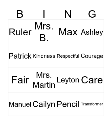 Grade 1 Bingo Card