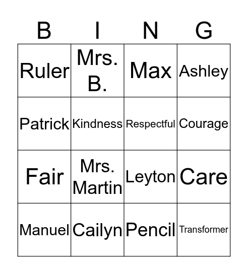 Grade 1 Bingo Card