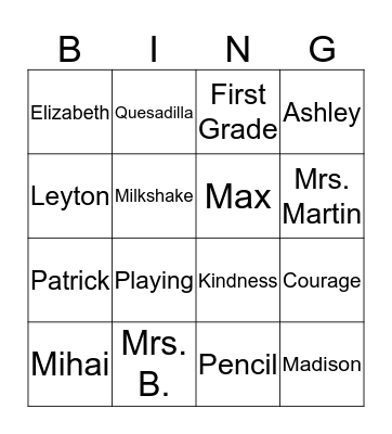 Friends First Grade Bingo Card