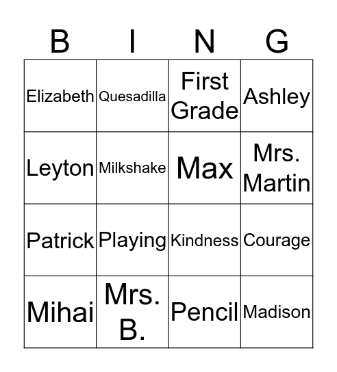 Friends First Grade Bingo Card