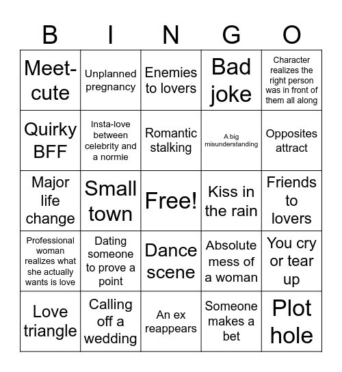 Romance Movie Trope Bingo Card