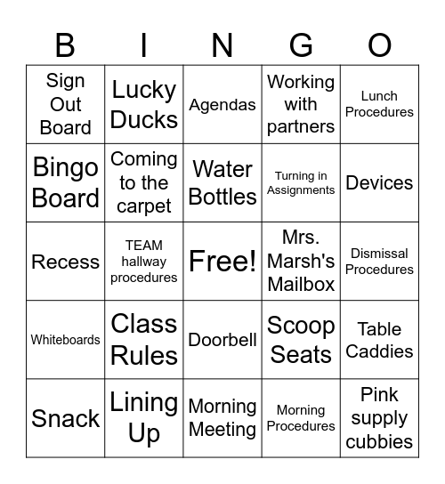 Class Procedure Bingo Card