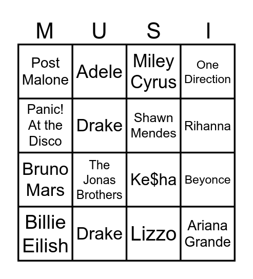 Bingo For Teens - Music Bingo Card