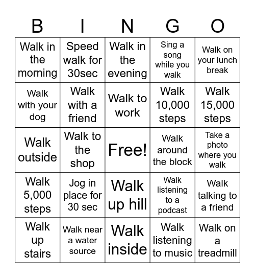 Active Recovery Walk Bingo Card