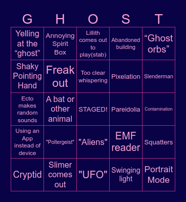 Ghost Talk Bingo Card