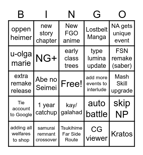 FGO NA/JP cross stream Bingo Card