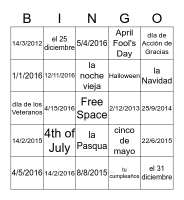 Months, Dates, and Holiday Bingo! Bingo Card