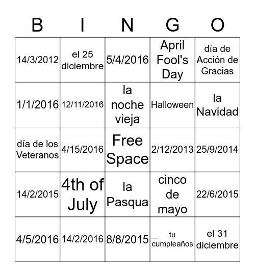 Months, Dates, and Holiday Bingo! Bingo Card