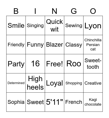 Sophia's Sweet 16 Bingo Card