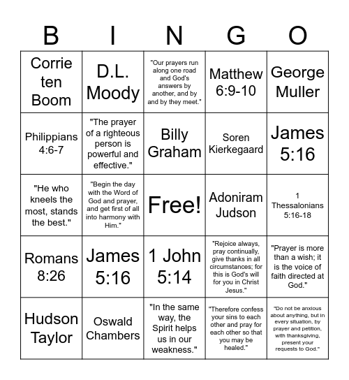 Prayer Quotes Bingo Card