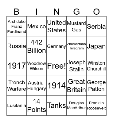 World War I Bingo Card