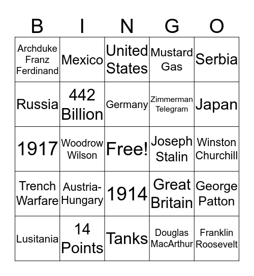 World War I Bingo Card