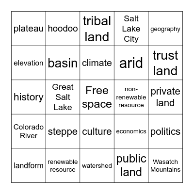 Utah's Geography Bingo Card
