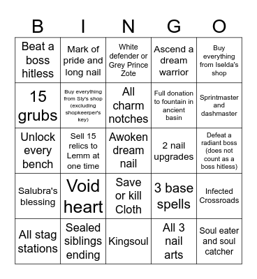 Hollow Knight Challenge Bingo Card