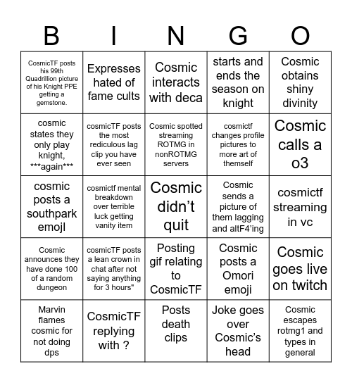 CosmicTF bingo card Bingo Card