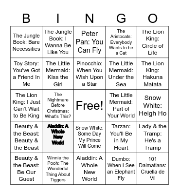 Disney Songs Bingo Card