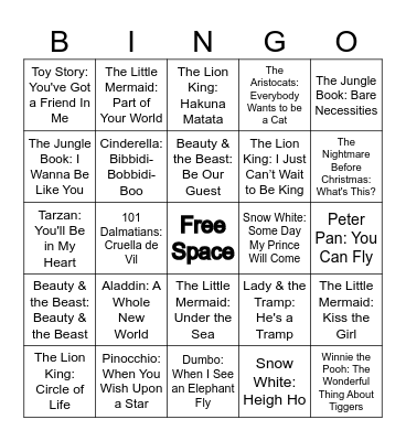 Disney Songs Bingo Card