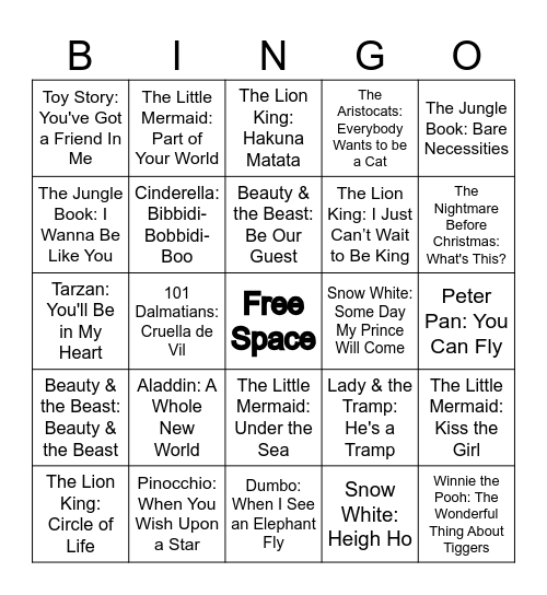 Disney Songs Bingo Card