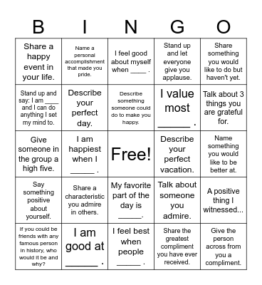 Self Esteem Bingo Card