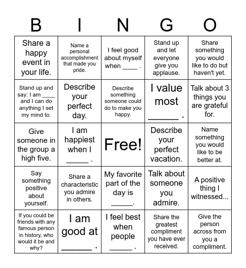 Self Esteem Bingo Card