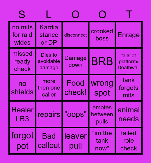 Sloothouse Raid Night Bingo Card