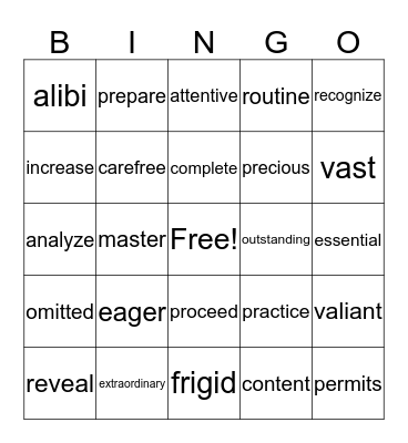 Vocabulary Review Bingo Card