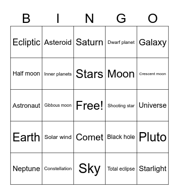 Outer Space Bingo Card