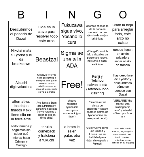 How to end this arc Bingo Card