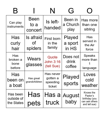 Know Your Church Members Bingo Card