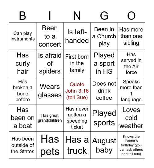 Know Your Church Members Bingo Card