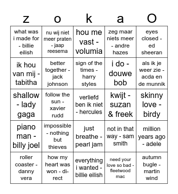 relaxed muziek bingo Card