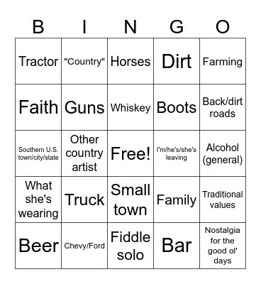 Country Music Bingo Card